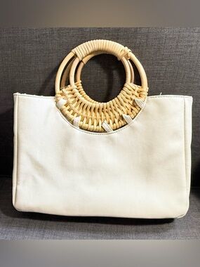 ANTRO Cream Tote with Rattan Handles